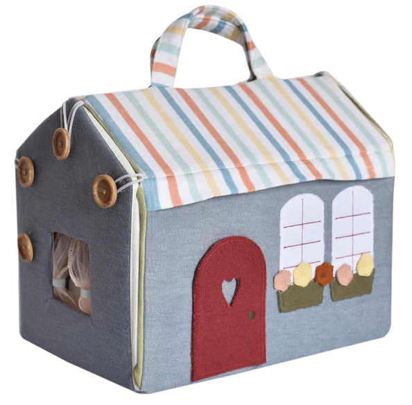 Blue with Stripes Fabric Doll House with Wooden Furniture