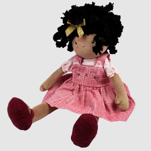 Girl Rag Doll with Black Hair and Maroon Dress