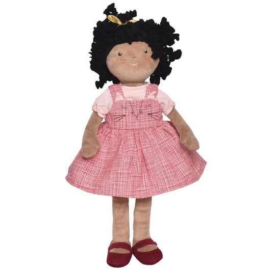 Girl Rag Doll with Black Hair and Maroon Dress